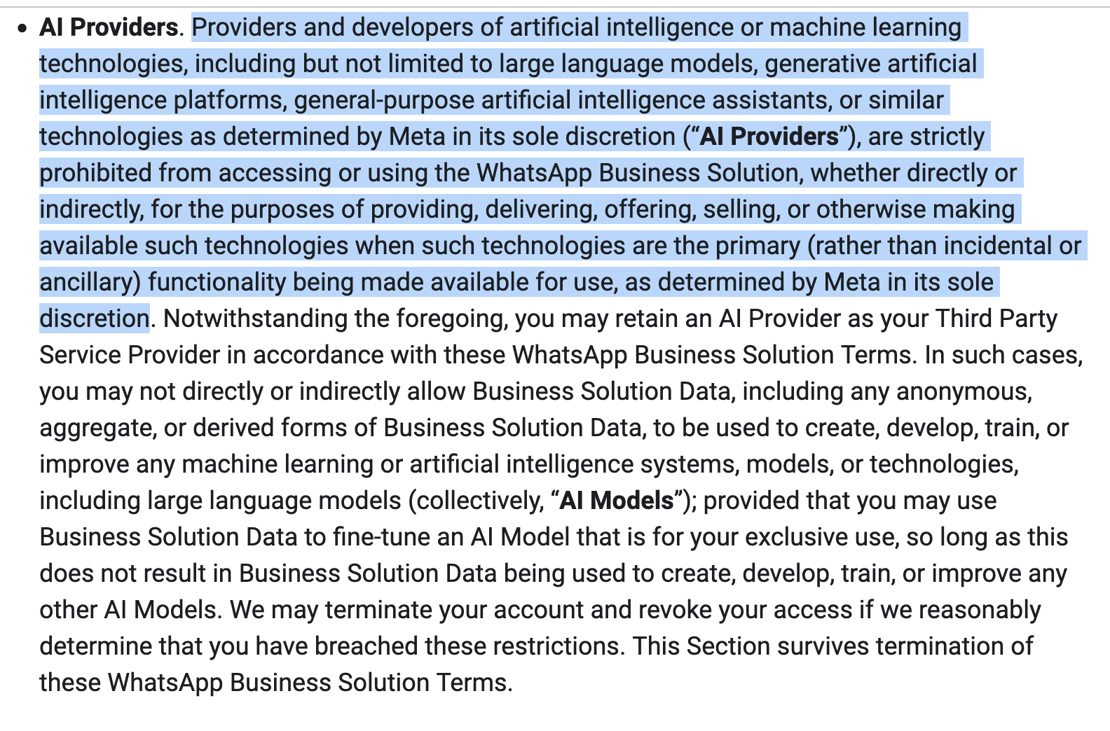 AI Assistants' ban in WhatsApp Business API Terms