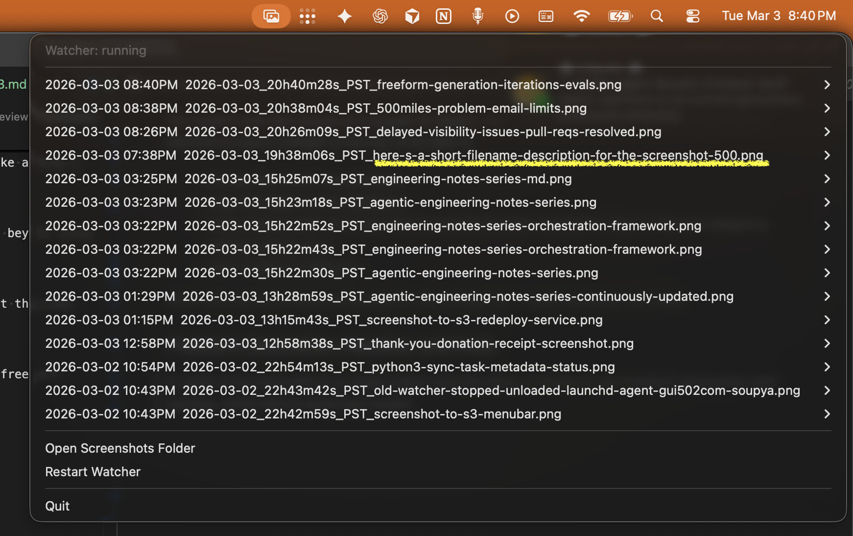 Menu bar watcher showing screenshot list