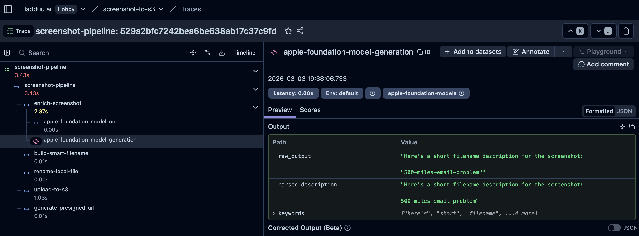 Langfuse trace showing the output parsing issue