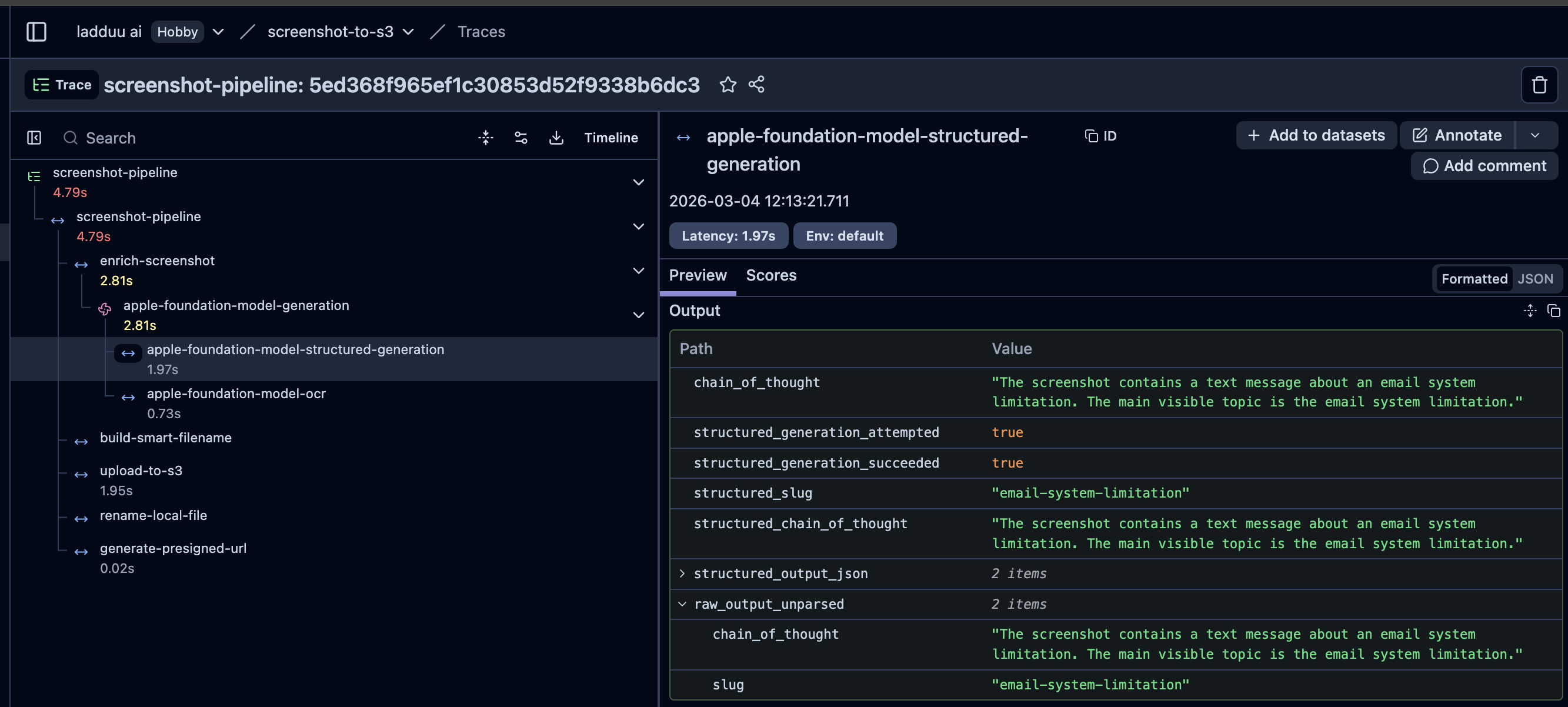 Langfuse trace showing the structured output