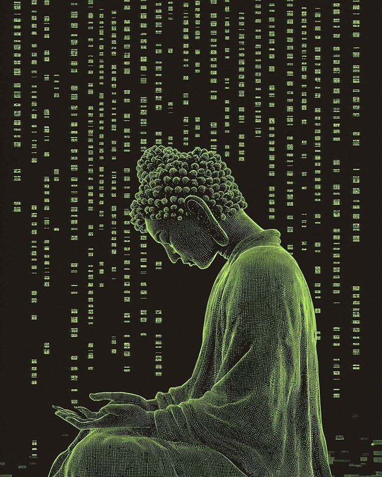 Stylized portrait evoking calm, coded contemplation